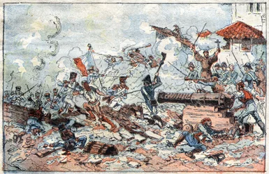 Siege and capture of Zaragoza in Spain in February 1809 by the Napoleonic troops. Engraving of the 19th century.