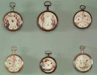 Six pocket watches decorated with Revolutionary symbols