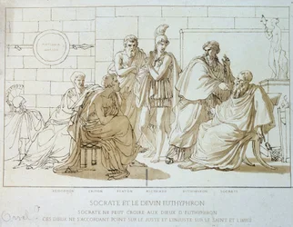 Socrates and the soother Euthyphron: Socrates cannot believe in the Gods of Euthyphron, these Gods do not agree on the righteous and the unjust over the Holy and the ungodly. Representation of Xenophon, Criton, Plato, Alcibiade, Euthyphron and Socrates.