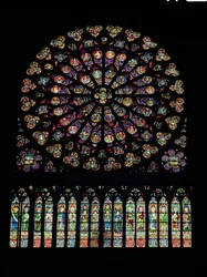 South transept rose window depicting Christ in the centre surrounded by saints and the twelve apostles