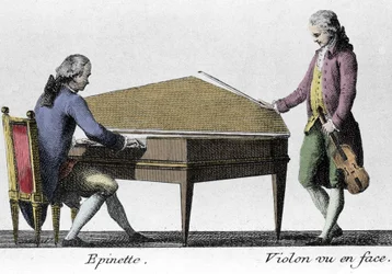 Spinette and Violin player. Engraving from the end of the 18th century