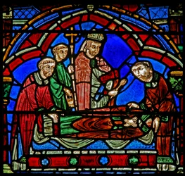 St Cheron window: bishop and deacons at his new tomb