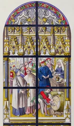 Stained glass from Tournai Cathedral illustrating the taxes levied on beer and wine by the Bishops of Tournai