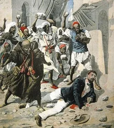 Stoning to Death Doctor Emile Mauchamp in Marrakesh, Cover Illustration of Le Petit Journal, 7 April, 1907
