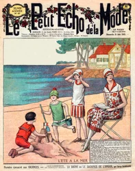 Summer at the sea, woman with her three children at the beach