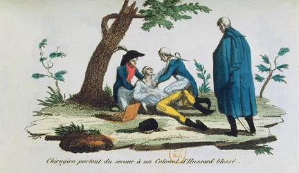 Surgeon operating on a colonel of the hussars on the battlefield