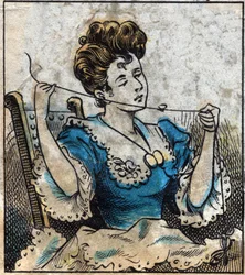 Textile, linen. Woman using a ball to use sewing threads