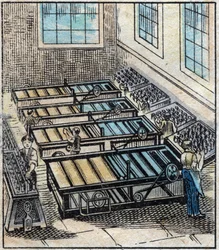 Textile, linen: workshop. Flax consists of several single yarns that are then dyed or bleached then ice and covered with beeswax to make it resistant and smooth. Engraving. Epinal imaging late 19th century.