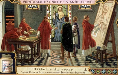 The Benedictine Monks of the Convent of Tegernsee in Bavaria (Germany) Decorate the Glass. Liebig Chromolithography of the 19th Century