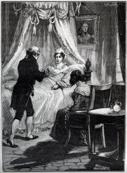 The Duchess of Berry (Marie Caroline, Princess of the Two Sicilies, Duchess of Berry) at the Fortress of Blay receives Doctor Louis Charles Deneux (Engraving)