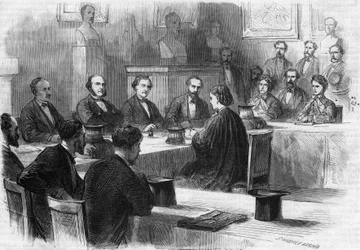 The English Elizabeth Garrett Anderson (1836-1917) presented her thesis before the jury of the Faculty of Medicine of Paris in 1870. She became the first female doctor. Engraving by Godefroy Durand in The Illustrous World n°689 of June 25