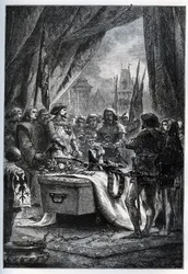 The English governor of Chateauneuf de Randon (Chateauneuf-de-Randon, Auvergne) surrendered and came to lay the keys to the square on the coffin of Bertrand du Guesclin (1320-1380), on 13 July 1380 in front of whom the city was besieging