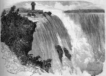 The French acrobat Blondin crossing Niagara Falls. From a sketch by Mr. Philibert. Engraving in 