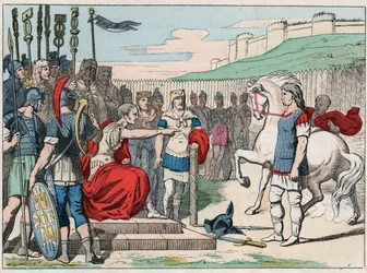 The Gallic leader Vercingetorix (80-46 BC) going to Julius Caesar (100-44 BC) at Alesia in 52 BC - Vercingetorix (72-46 BC), Gallic leader, surrendering to Caesar at Alesia (France) - Engraving from the end of the 19th century in "Our National Glories