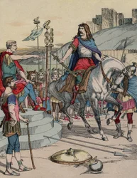The Gallic chief Vercingetorix (72-46 BC) surrendering to the Roman chief Julius Caesar (100-44 BC) after the battle of Alesia in 52 BC