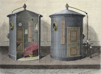 The Hyperbaric chamber by Paul Bert (1833-1887) physiologist and French politician. Engraving from 1855