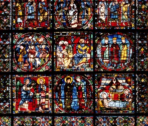 The Incarnation Window, detail of the lower part depicting the Annunciation, the Visitation, the Nativity, the Annunciation to the Shepherds and the Magi before Herod