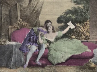 The King of France Francois I with Diane de Poitiers, Lady of Breze, Duchess of Valentinois. Lithograph of Daveria from 1832 in Laughs Et Galanterie. Weekly Collection of Galantes Images on the direction of John Grand-Carteret