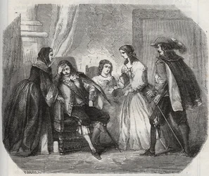 The King of France Louis XIII (1601-1643) is caught with migraine when he speaks to Queen Anne of Austria (1601-1666). Engraving from 1871 in 