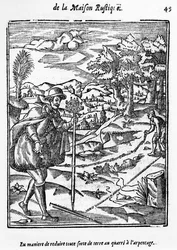 The Manner in which to Reduce any sort of Ground to the Surveying Square, illustration from LAgriculture et Maison Rustique by Charles Estienne, edition published 1641