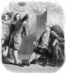 The Marquis de Puysieulx receiving Philippe Nericault Destouches and his troupe of travelling comedians. Engraving from 1858-1859.