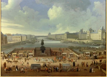 The Pont Neuf seen from the entrance to Place Dauphine, the Quai Malaquais, the College of Four Nations, the grand gallery and the Louvre