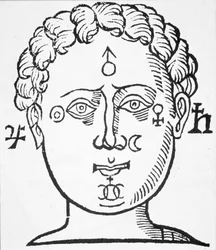 The Position of the Planets in the Human Head, copy of an illustration from Oeures by John Belot, Lyon 1649, used in a History of Magic, published late 19th century