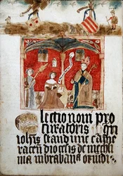 The Procurator of the Picard Nation kneeling before Saint Rumold