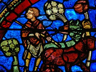 The Prodigal Son window: elder son watches father giving his inheritance