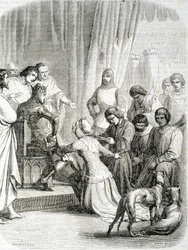 The Queen of England (Philippa de Hainaut) asks thanks to her husband Edward III for the inhabitants of Calais (episode of the 6 bourgeois of Calais)