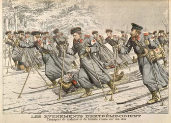 The Red Cross Transporting Injured Russians on Skis during the Russo-Japanese War (1904-05) from Le Petit Journal, c.1904