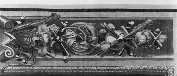The Seasons tapestry, border, music instruments, Gobelins Factory (detail)