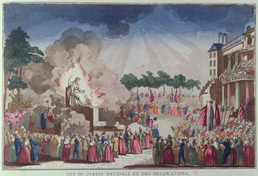 The Statue of Atheism being destroyed and replaced with the Statue of Wisdom at the Festival of the Supreme Being, Jardin National des Decorations, Paris, 8th July 1794