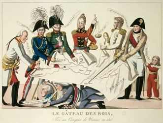 The Vienna Congress on 22/06/1815: the cake of kings. It reunited the eight world powers and sought to redefine the borders after the fall of the Empire of Napoleon I. Alexander I, Tsar of Russia; H.R. Stewart, Castlereagh; Francois Joseph I, Emperor of Au