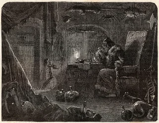 The alchemist, having promised to make gold, works in his laboratory: the Alchemist in the 17th century - in Paris a travers les cules by Nicolas Jules Henri Gourdon de Kennouillac (1826-1898).