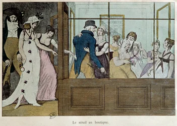 The appointment shop: the serail in the shop A brothel house at the Palais Royal in Paris. Lithography of the beginning of the 18th century Paris, decorative arts