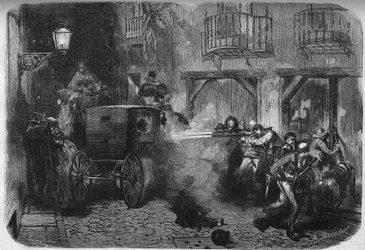 The assassination of Juan Prim y Prats (1814-1870), Spanish general and politician, as he left the Cortes, in Calle del Turco in Madrid on 28 December 1870. Engraving in „Le Monde Illustré“ no. 724 of 25 February 1871.