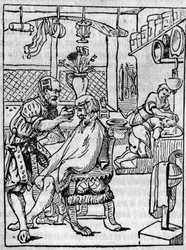 The Barber Shop in the 16th Century, the Hairdresser Takes Care of a Client