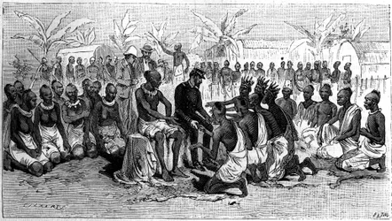 The chiefs of the shores of Congo, putting their hands in those of explorer Pierre Savorgnan de Brazza, in sign of abandonment of their territories. Engraving in 