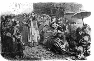 The cholera in Rome: Pope Gregoire XVI (1765-1846) ordered processions, rogations and blessings to stop the march of cholera. Engraving in “Histoire des Papes-Rois-Queen and Empereurs a travers les centuries” by Maurice Lachatre