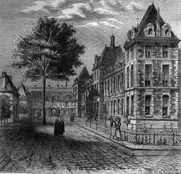 The court of the Saint Louis Hospital in Paris at the end of the 16th century