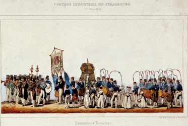 The dance of brewers and coopers during the industrial cortege in Strasbourg on 25/06/1840. Lithograph of Simon