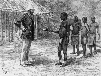 The daughter of Libossi presents to M. de Brazza a dish of caterpillars - in 