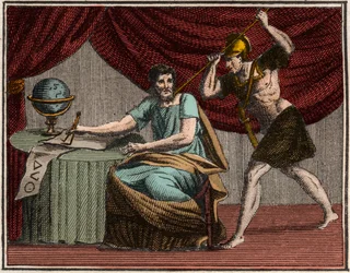 The death of Archimedes during the capture of Syracuse, Sicily, by Roman soldiers in 212 B.C.