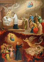 The death of the righteous man and the death of the sinner, illustration from a pictorial catechism, end of nineteenth century