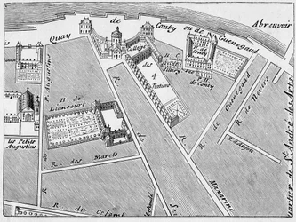 The District of the College des Quatre Nations (Four Nations) and the Hotel Conti-Fac-Simile in the Plan of J. de la Caille