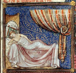 The dream, detail: The Sleeping Lover. Miniature in “Le Roman de la rose” by Jean de Meun, Jean de Meung or Jean Chopinel, Jean Clopinel (v.1240-1305), circa 1370. Chantilly, Musee Conde