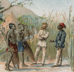 The explorer Paul Crampel (1864 - 1891) negotiating with the natives of Congo. Chromolithography of the 19th century
