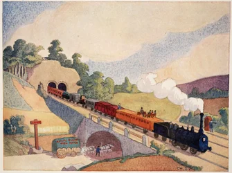 The first Paris to Rouen railway, copy of an 1837 stamp, illustration from Histoire de la Nation Francaise