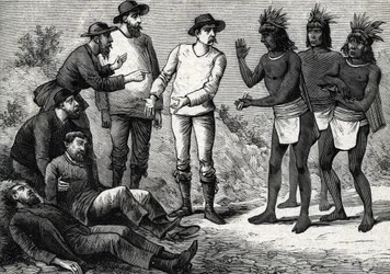 The inhabitants of Peru helping the colonial Europeans suffering from malaria with Cinchona (engraving, 1888)